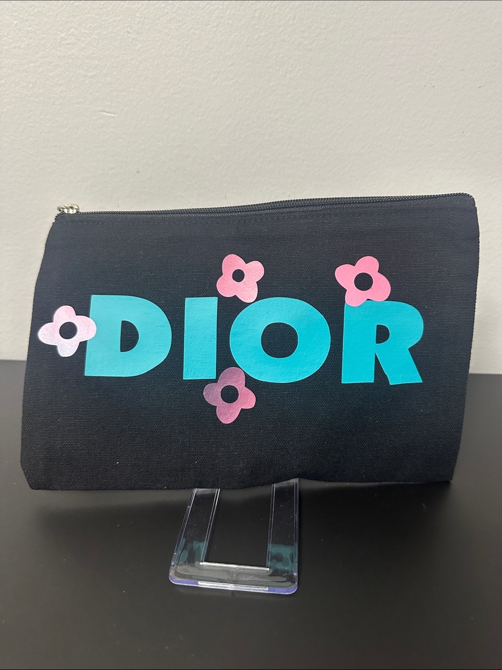 Black Canvas Pouch with Teal Logo and Orange Floral Accents. New. Custom Made - Picture 3 of 4